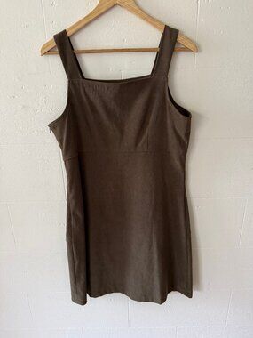 Vintage 90s | Khaki Sleeveless Bib Overall Midi Dress | Academia | Medium